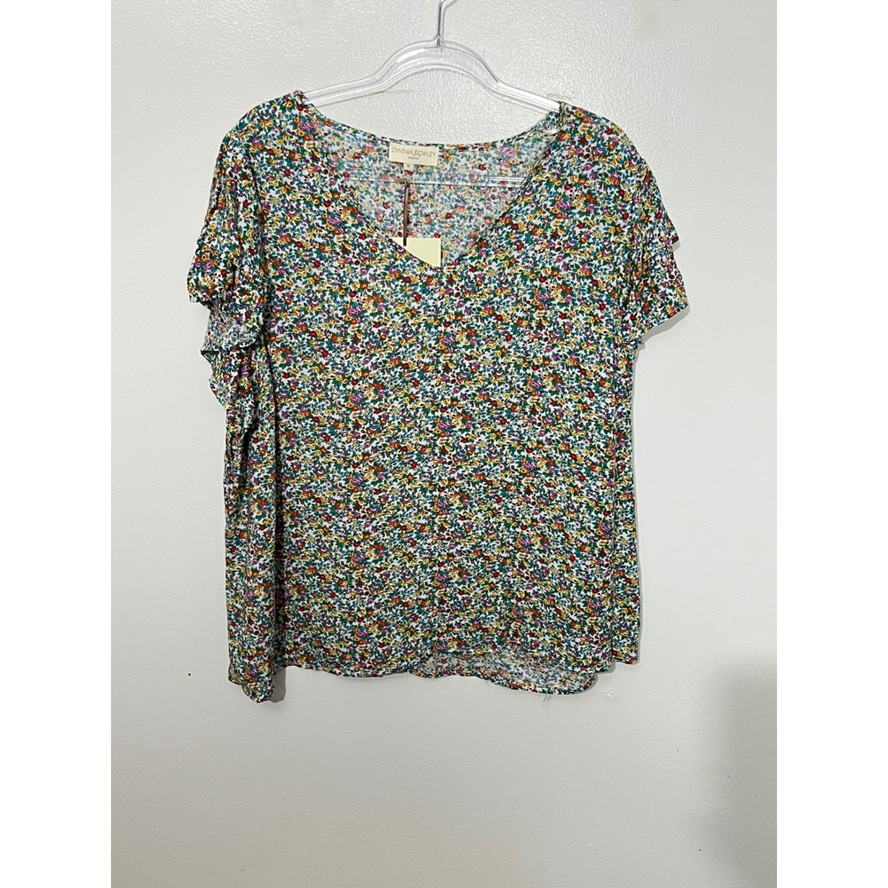 Cynthia Rowley Floral Blouse Women 1X Multi Color V-Neck Ruffle Sleeve Rayon NEW